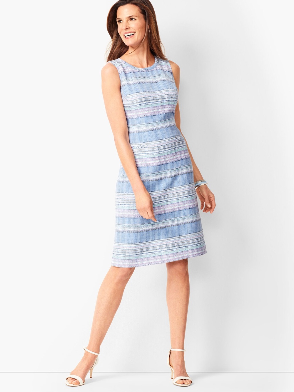Talbots Stripe Tweed Sleeveless Shift Dress Blue 10 Preppy Classic Office Pastel